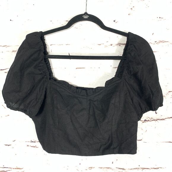 House of Harlow 1960 Black Linen Blend Puff Sleeve Crop Top Size 8 Square Neck - Picture 1 of 6